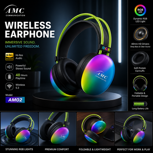 AMC AM02 Wireless Bluetooth Headphones with RGB LED Lights | Hi-Res Audio | Foldable Over-Ear Headset